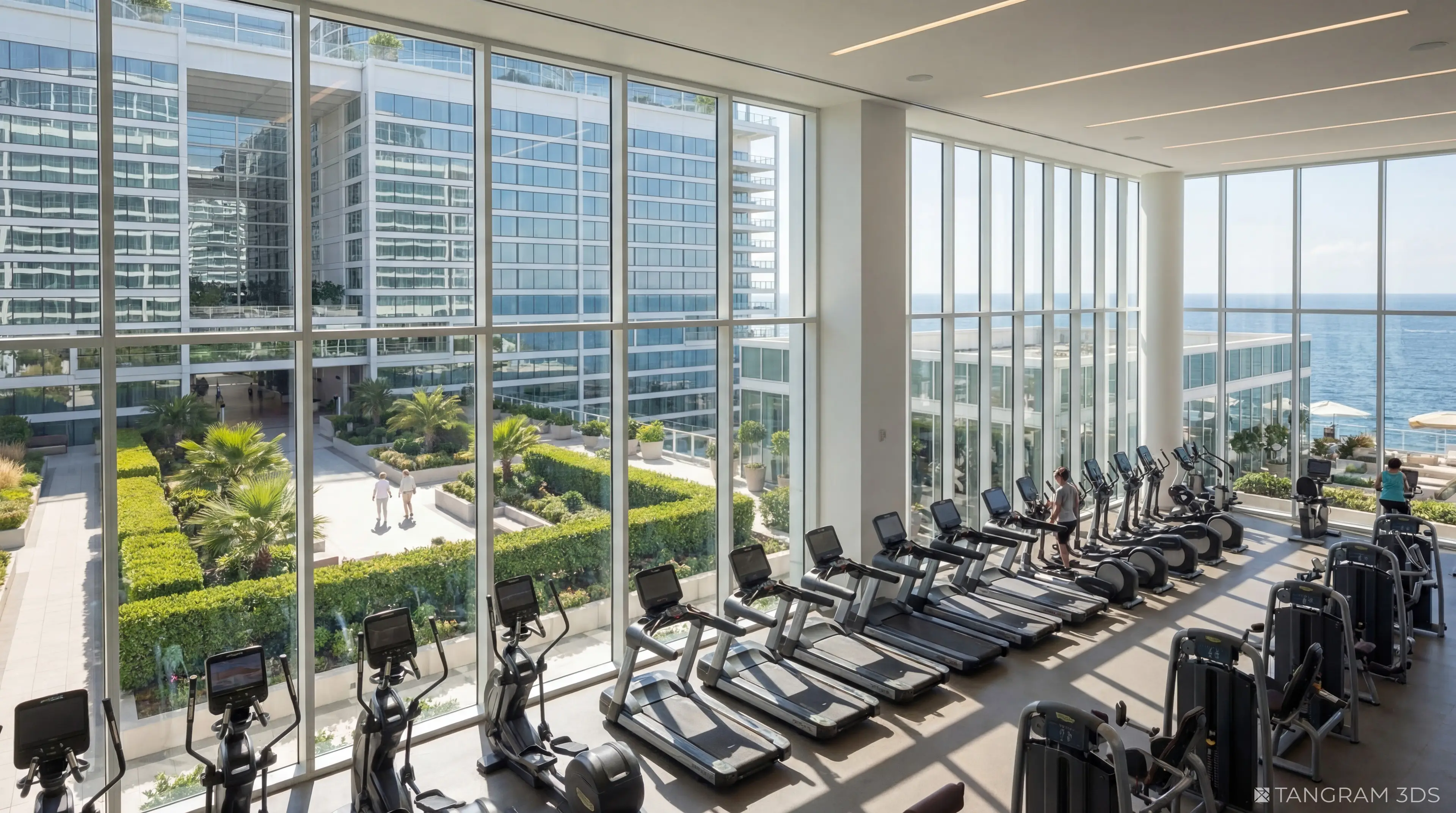 A health center overlooks lush gardens and the ocean (Freedom Ship)