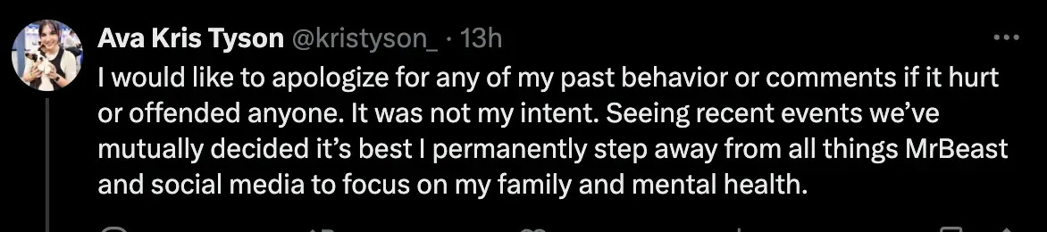 Tyson has said she's decided to 'permanently step away' from MrBeast (X/ @kristyson)