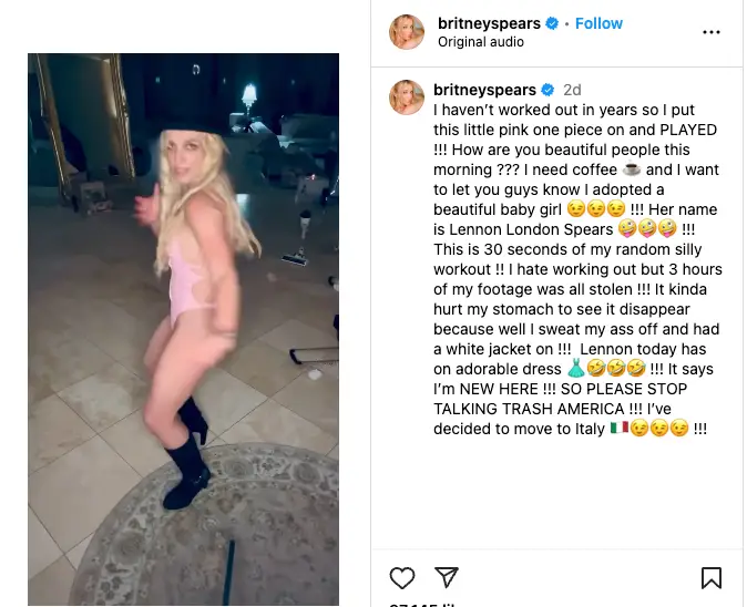 The star was showing off her dance moves where she made the announcement in the caption (Instagram/britneyspears)