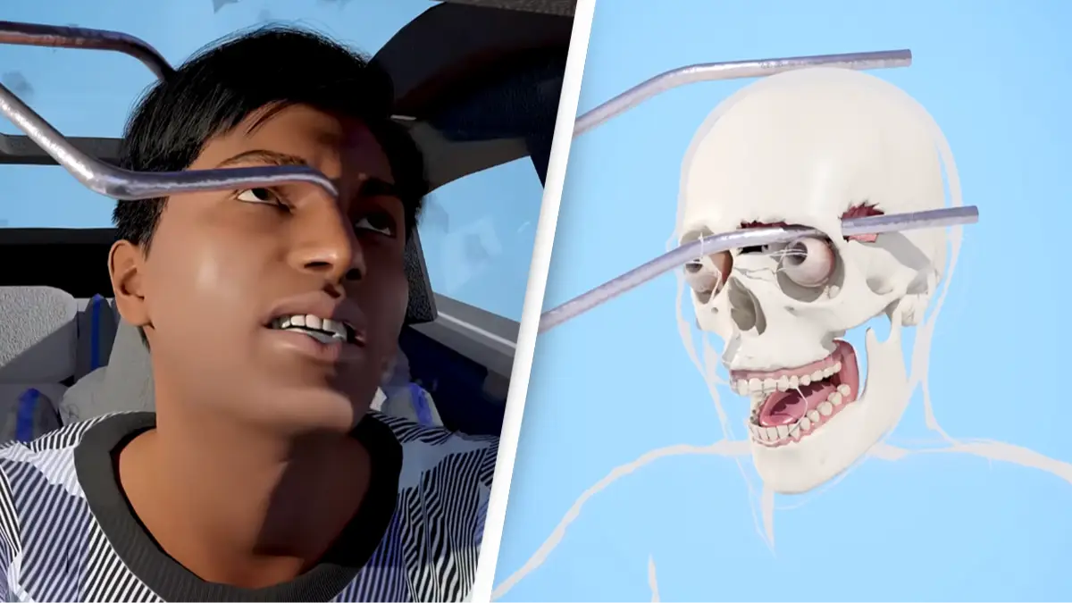 Horrifying simulation shows how man survived a 3-foot long rod impaling his head during car accident