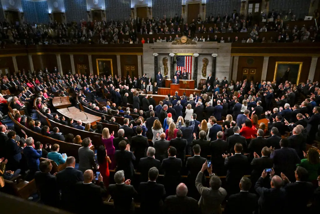 President Donald Trump addresses a joint session of Congress in the Capitol building's House chamber in Washington DC, on March 4 (Ricky Carioti/The Washington Post via Getty Images)