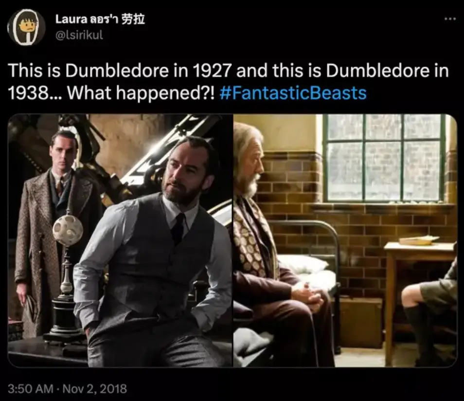 Despite only 11 years having past between the two images, Dumbledore appears to have aged considerably more.