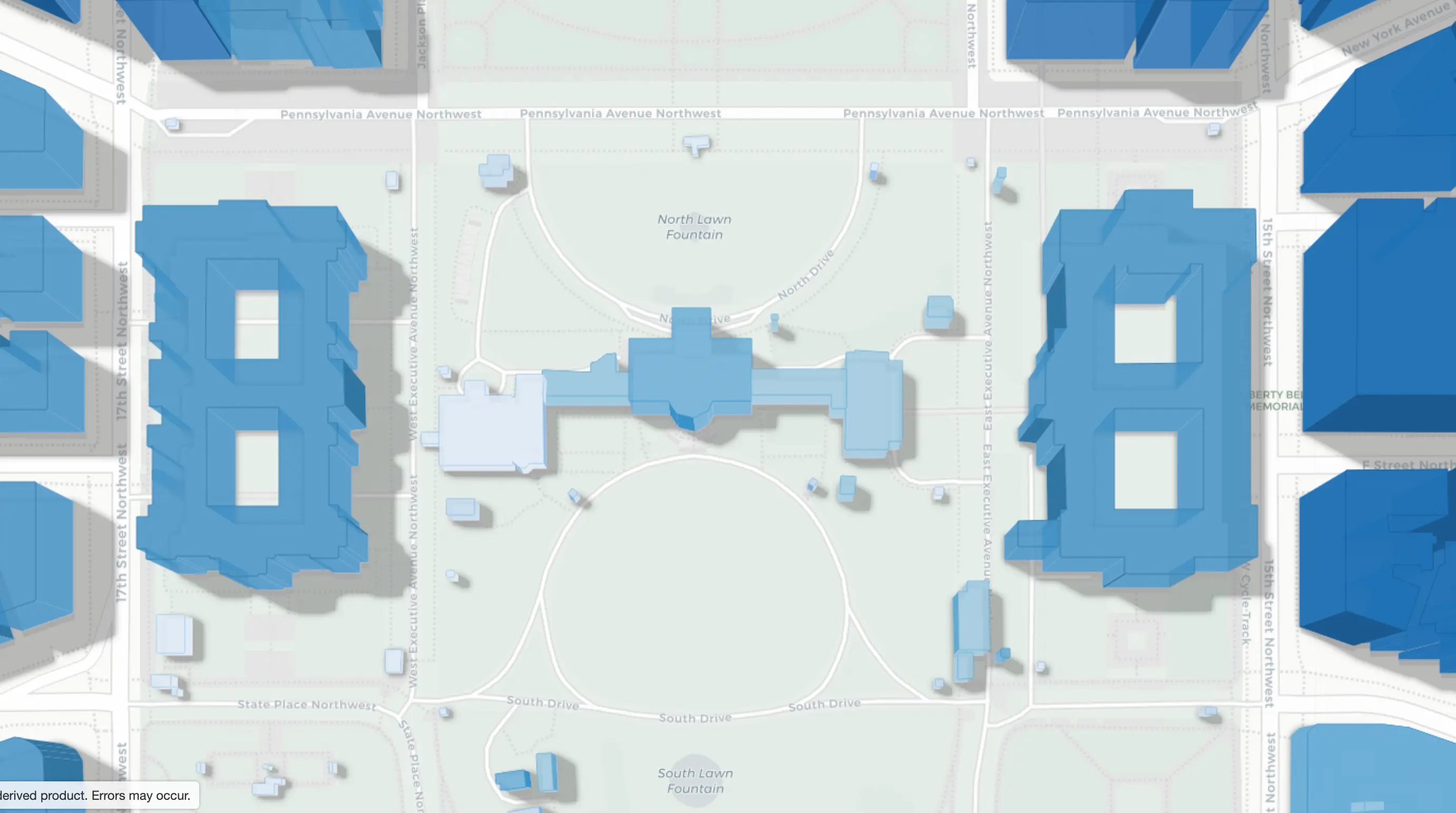 As the tool was created in 2019, the East Wing of the White House is still standing on the map (GlobalBuildingAtlas)