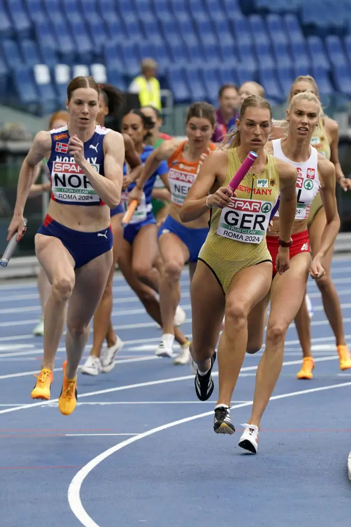 Bulmahn leads the pack in the Women's 4x400m relay race at the European Athletics Championships in June. (Pier Marco Tacca/Getty Images)
