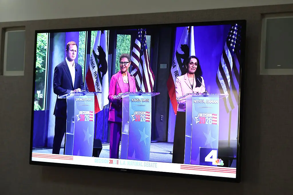 Spencer Pratt, from left, Karen Bass and Nithya Raman are all in the running to be L.A's next mayor (Jason Armond/Los Angeles Times via Getty Images)