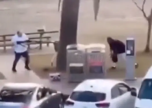 He proceeds to continue pointing the weapon at the suspect though apparently doesn't make any shots at him (X)