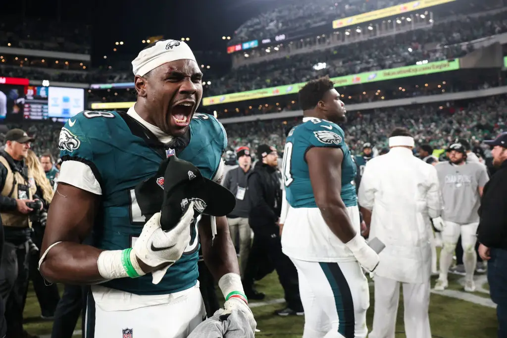 Jalyx Hunt of the Philadelphia Eagles celebrates following the NFC Championship Game against the Washington Commanders (Kathryn Riley/Getty Images)