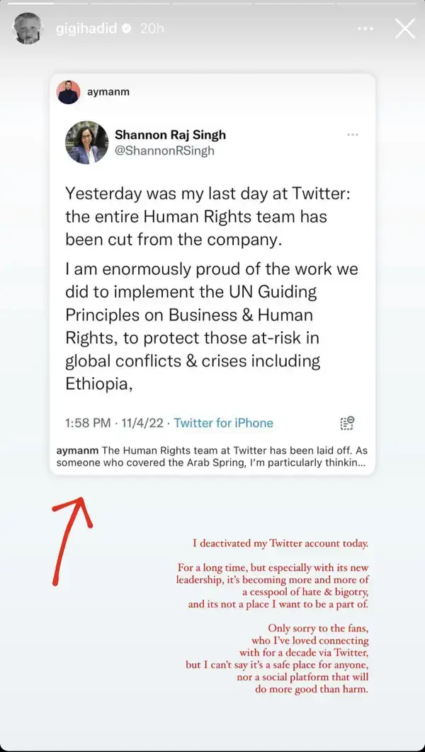 Gigi Hadid revealed the reason why she's quit Twitter.