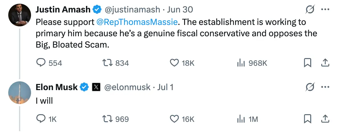 Musk made clear his support for Thomas Massie (X/@elonmusk)