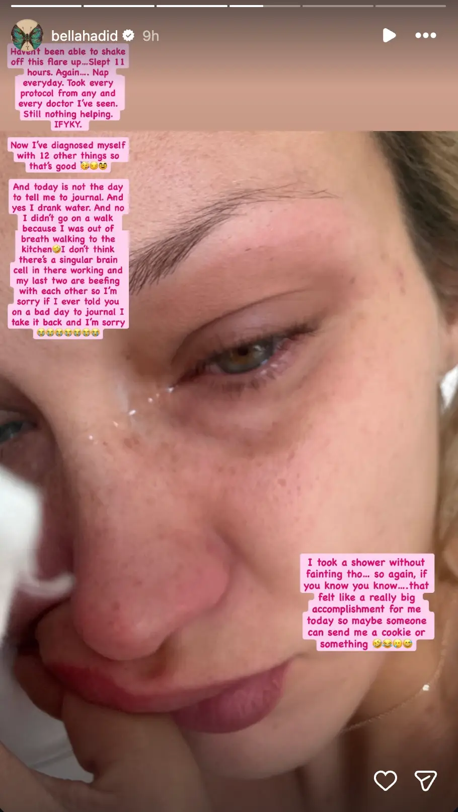 Bella was tearful as she shared an update with fans (Instagram/Bella Hadid)