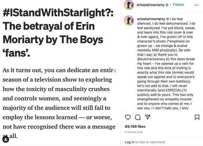 The Boys star Erin Moriarty called out misogynistic fans for abusing her.