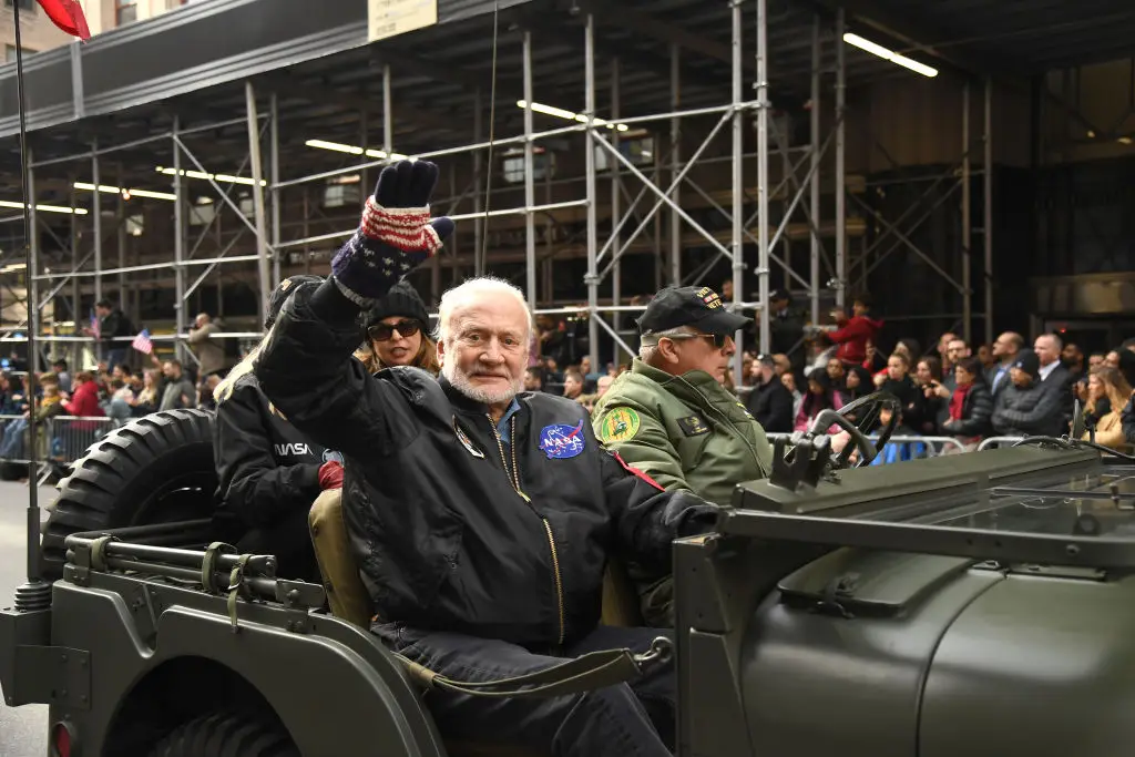 Buzz Aldrin waves to the crowd during the Veterans Day Parade on November 11, 2019 in New York City. (Kevin Mazur/Getty Images)