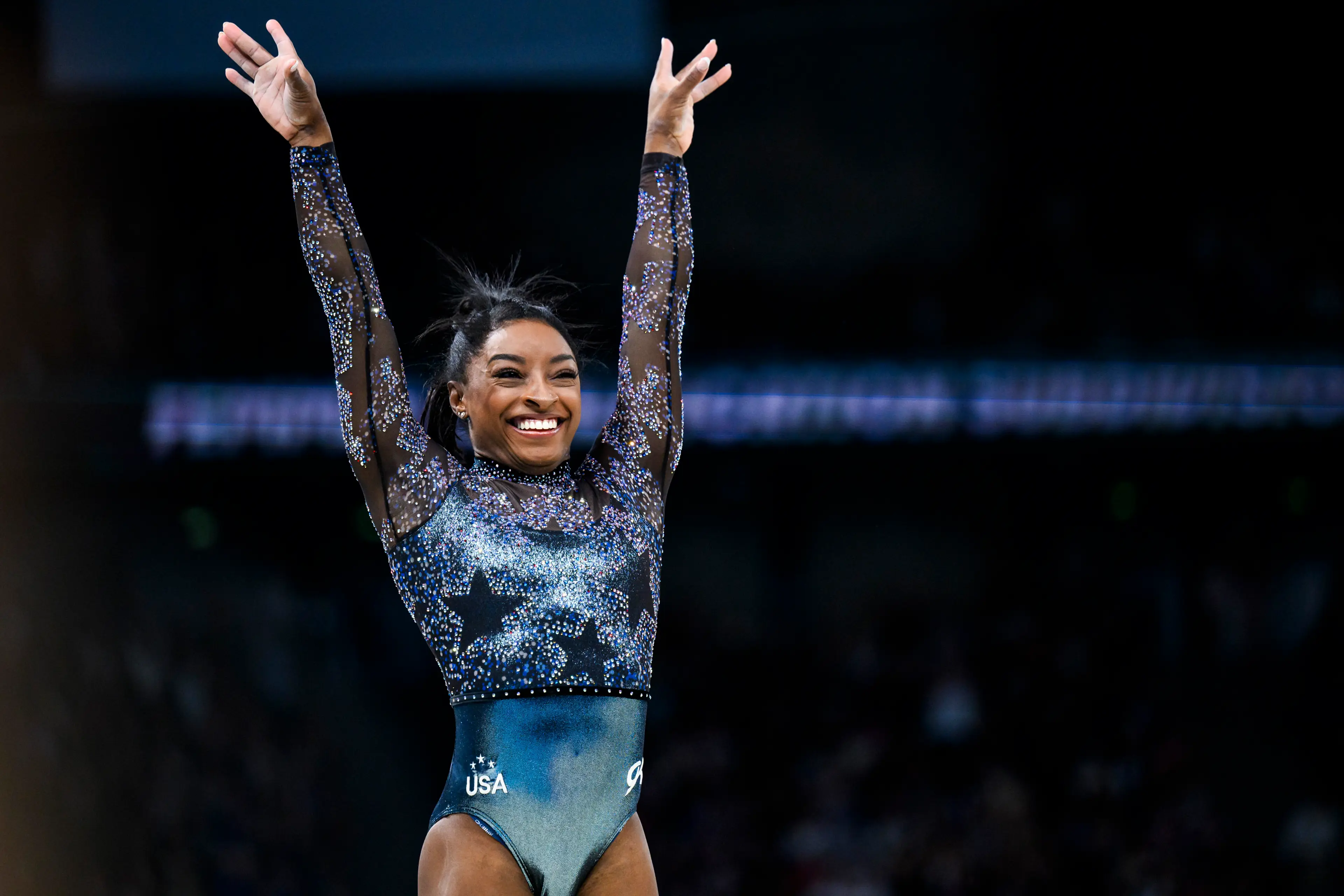 Simone Biles commented that she was 'blocked' following the team's victory. (Tom Weller/VOIGT/GettyImages) 