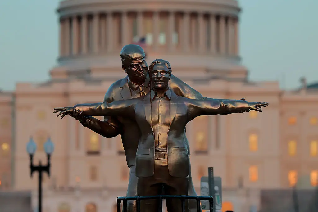 Other statues of Trump have been put up but for satirical reasons, like this of the president and former associate Jeffrey Epstein (Heather Diehl/Getty Images)