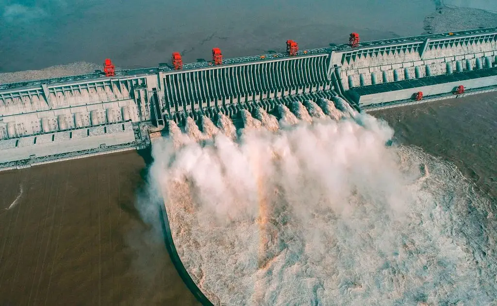 Water traveling through the Three Gorges Dam's gate valves (Photo by STR/AFP via Getty Images)