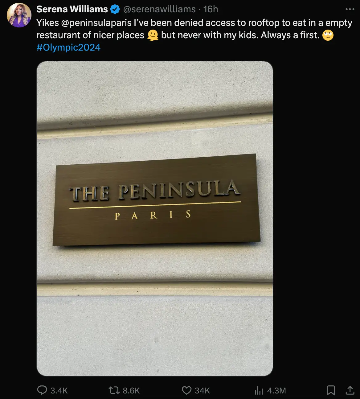 Serena Williams spoke out about The Peninsula on Twitter. (X/@serenawilliams)