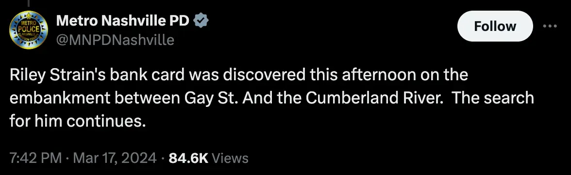 Riley's bank card was discovered on 17 March.