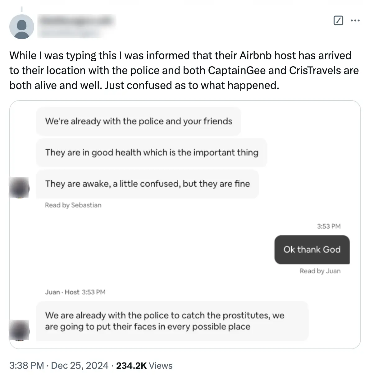 The AirBnb host confirmed that the pair were okay (Twitter)