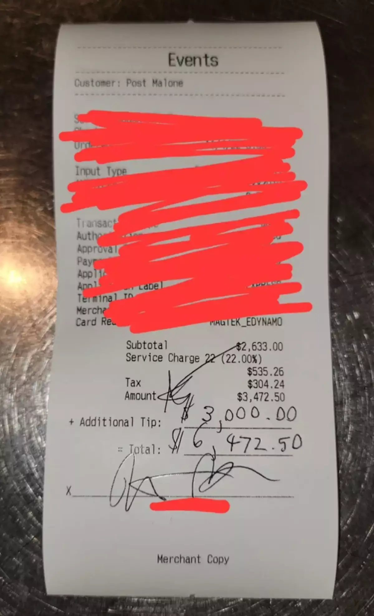 A generous tip Post Malone has left to another service worker (Reddit/u/SpecialistCorgi)