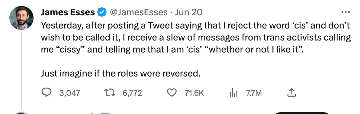 James Esses says he received backlash after saying he didn't want to be called cisgender.