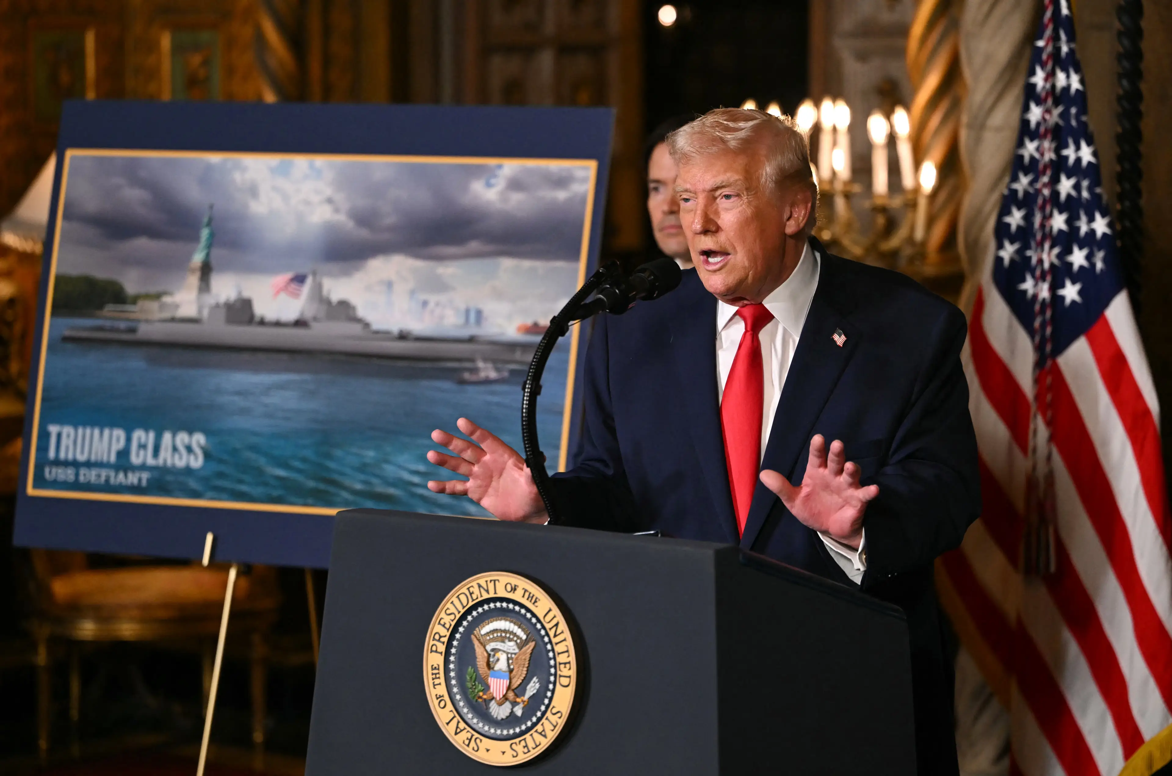 Trump announcing the 'Trump Class' battleships (Heather Diehl/Getty Images)