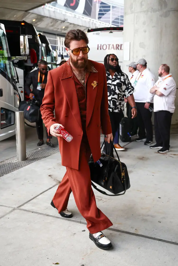 The tight end donned an Amiri suit before the Super Bowl (Chris Graythen/Getty Images)