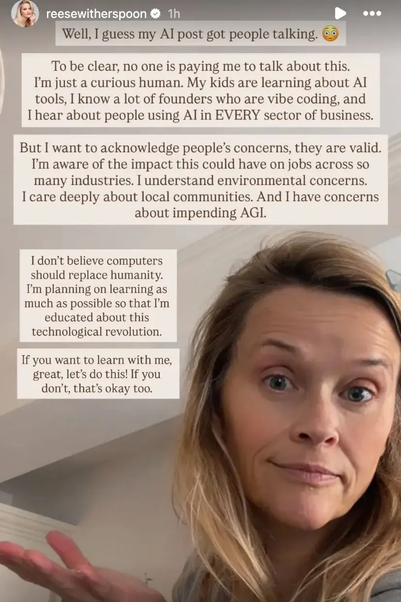 The actress went on to share that she understands the 'valid' concerns people have about AI (@reesewitherspoon/Instagram)