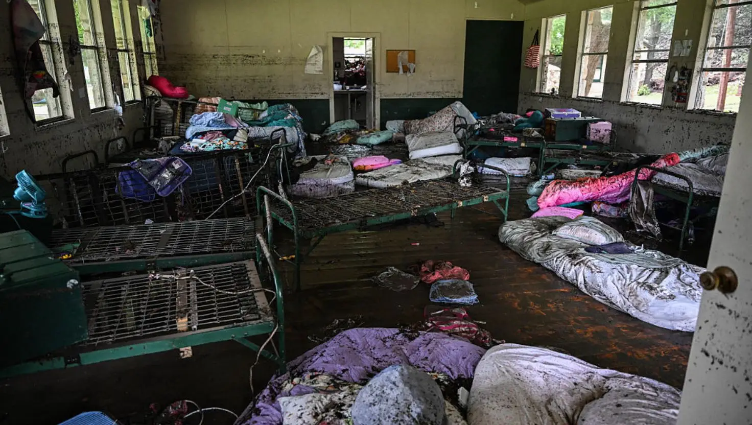 The Camp Mystic dorm room which has been ravaged by the Texas flooding. The camp has released a statement amid the tragedy (RONALDO SCHEMIDT/AFP via Getty Images)
