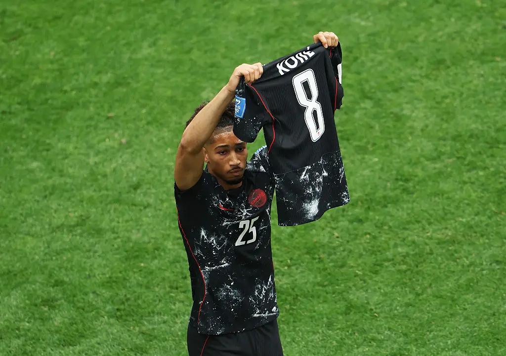In the 64th minute, Saliba scored a stunning free kick, and held up Ismaël Koné's shirt in dedication (Photo by Emilee Chinn/Getty Images)