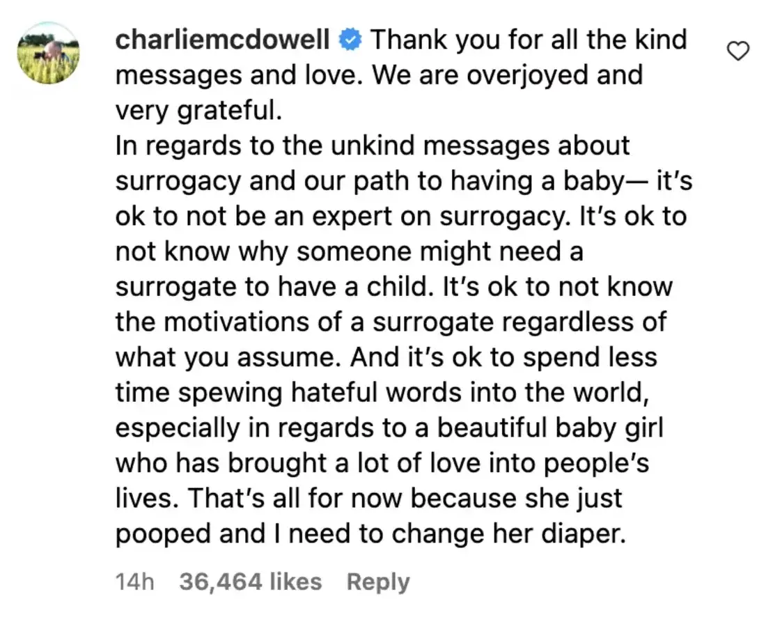 McDowell took to the comments section to respond to 'unkind messages' (Instagram/@lilyjcollins/ @charliemcdowell) 