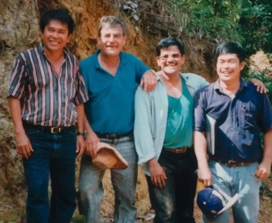 Jerome Alto, site manager; John Felderhof, senior vice-president; Michael de Guzman, exploration manager; Cesar Puspos, senior geologist. Bre-X Minerals Ltd. geologist Mike de Guzman is presumed dead after he fell from a helicopter. (Northern Miner)