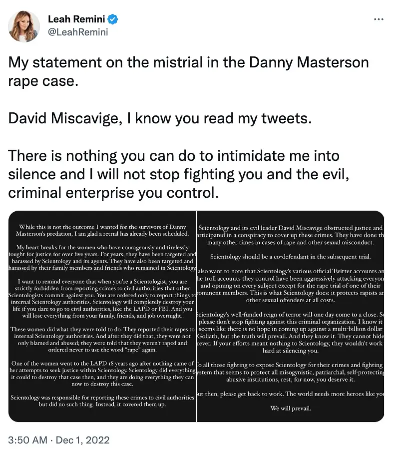 Leah Remini released a statement following the mistrial.