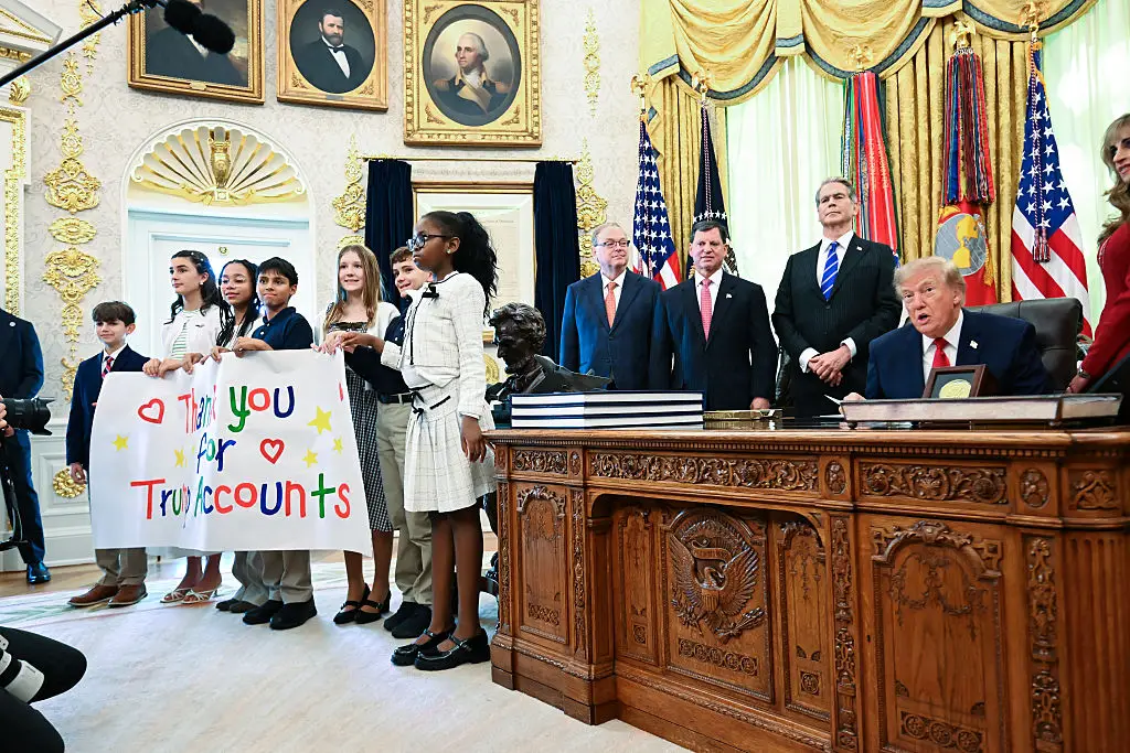President Donald Trump has launched 'Trump accounts,' an investment savings accounts for children (Photo by Alex WROBLEWSKI / AFP via Getty Images)