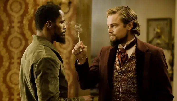 Jamie Foxx as Django, and Leonardo DiCaprio as Calvin J. Candie (Sony Pictures 