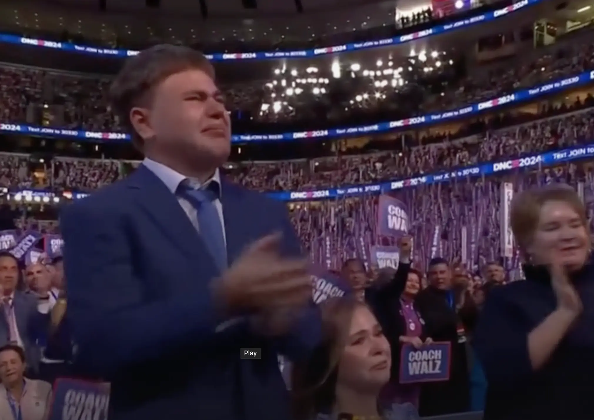 Gus Walz was emotional as his dad took to the stage. (BBC)