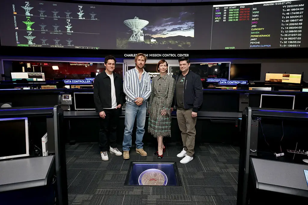 Director Phil Lord, Ryan Gosling, Sandra Hüller and Director Christopher Miller pose at a Project Hail Mary Event at NASA's Jet Propulsion Laboratory (Eric Charbonneau/Amazon MGM Studios via Getty Images)