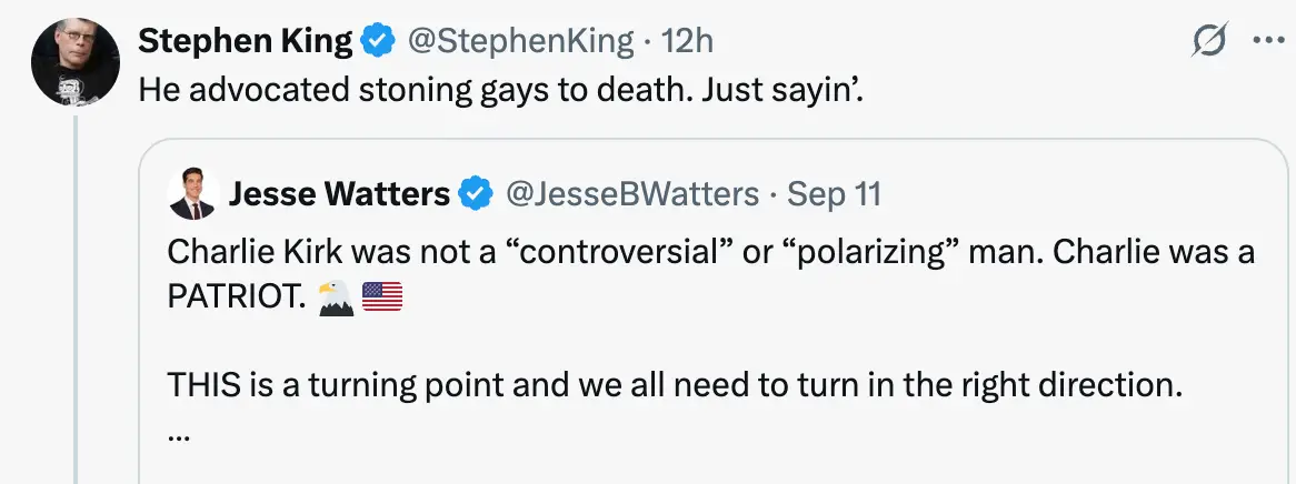 Stephen King responded to the post claiming Kirk was 'not controversial' (X/@StephenKing)