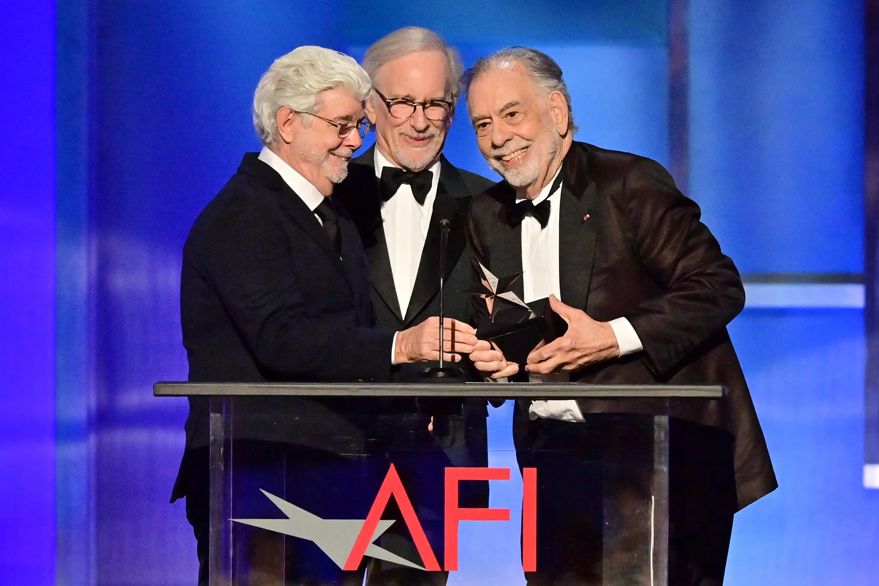 George Lucas and Steven Spielberg presented Coppola with the prestige award (Jerod Harris/Getty Images for Warner Bros. Discovery)