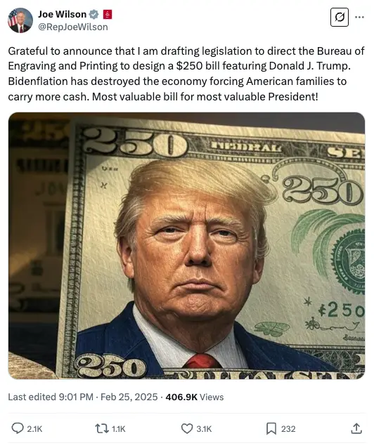 The Trump-themed $250 bill (X/@RepJoeWilson)