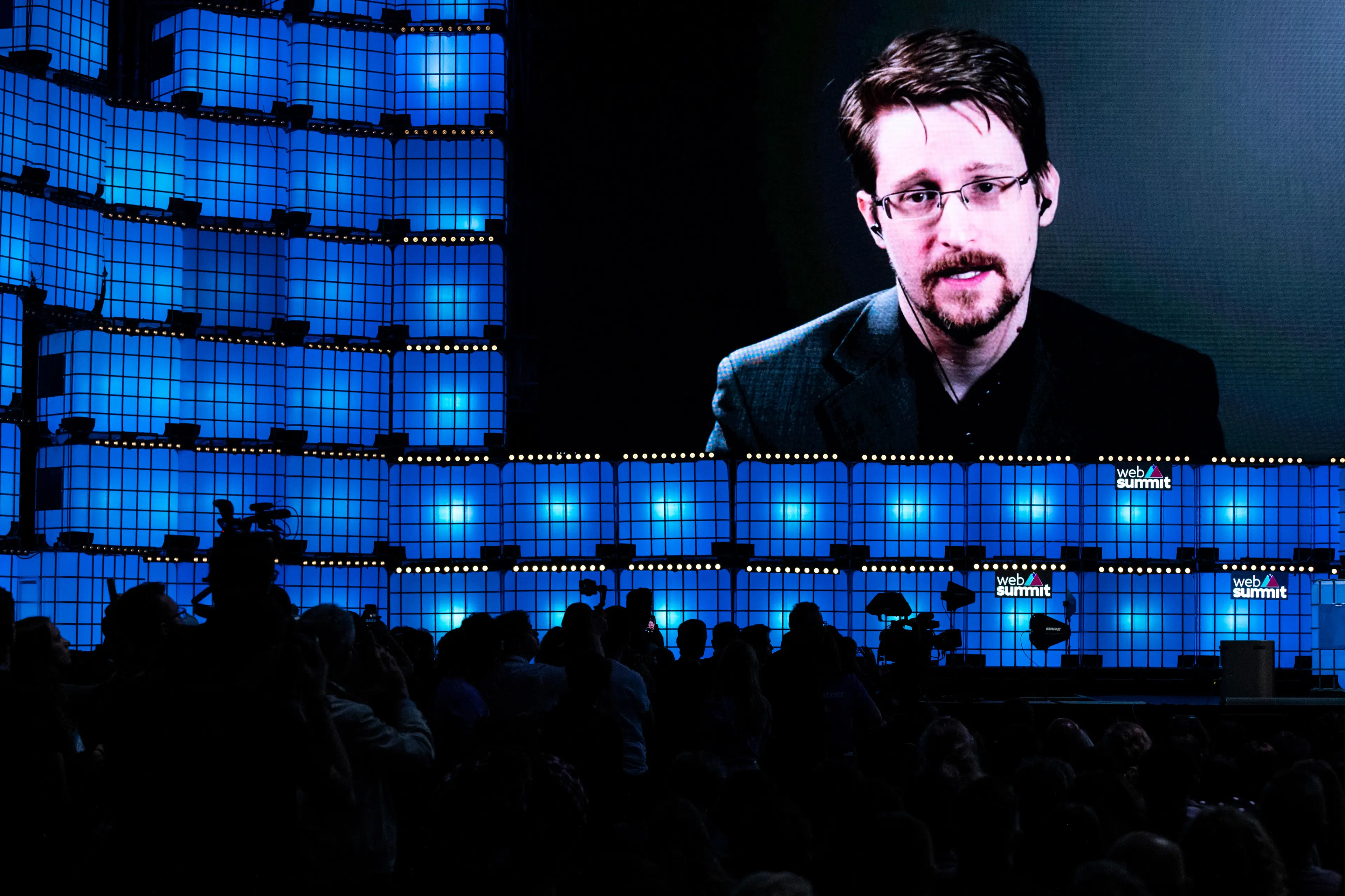 Edward Snowden, president of Freedom of the Press Foundation addresses the audience via web conference in 2019.