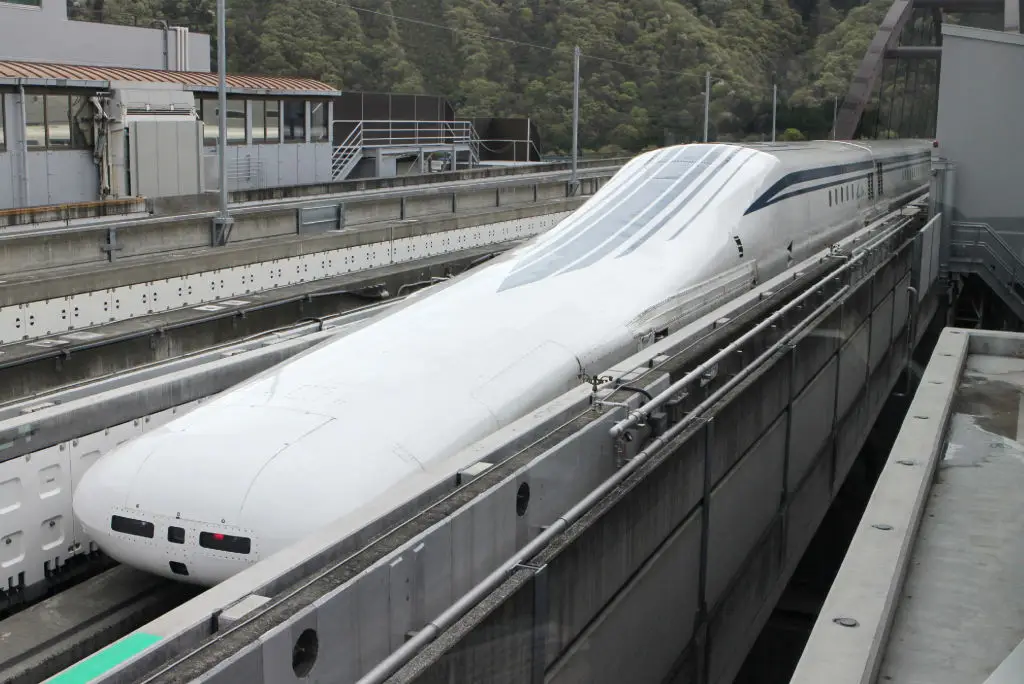 Central Japan Railway's seven-car Maglev train returns to the station after setting a new world speed record in a test run near Mount Fuji, clocking more than 373 mph on April 21, 2015 (JIJI PRESS/AFP via Getty Images)