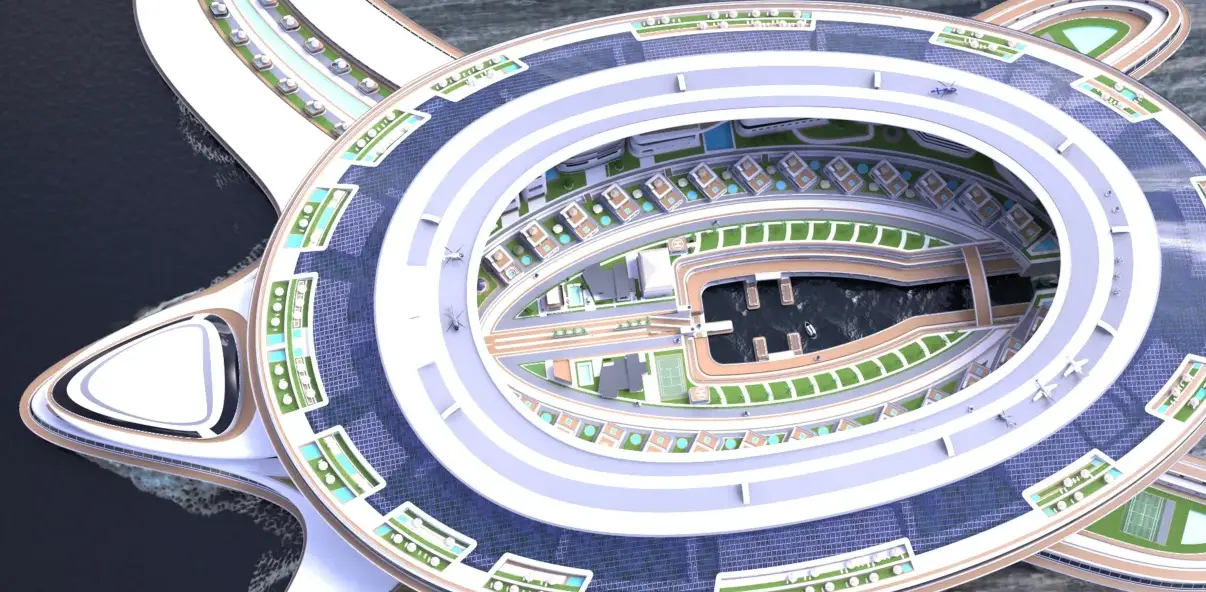 Italian design studio Lazzarini has proposed plans for a floating, turtle-shaped city that could accommodate up to 60,000 guests.