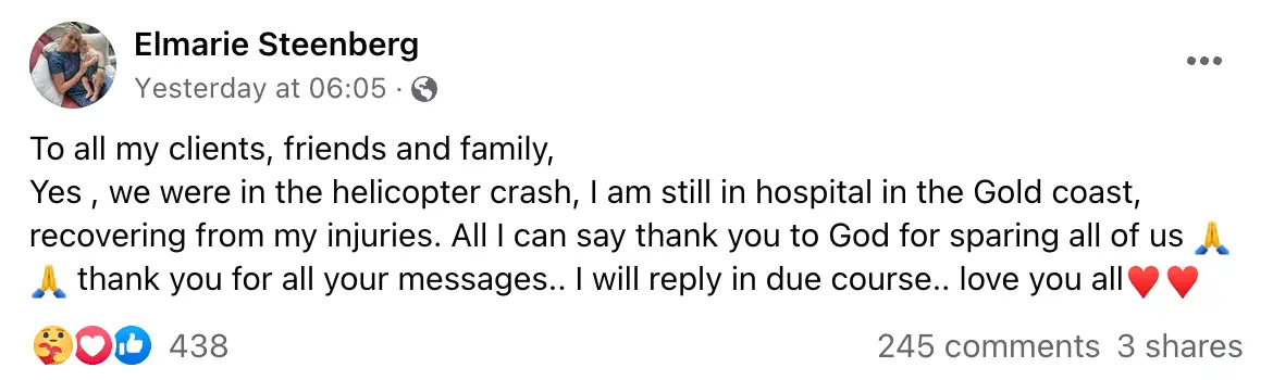 Elmarie Steenberg posted an update on Facebook.