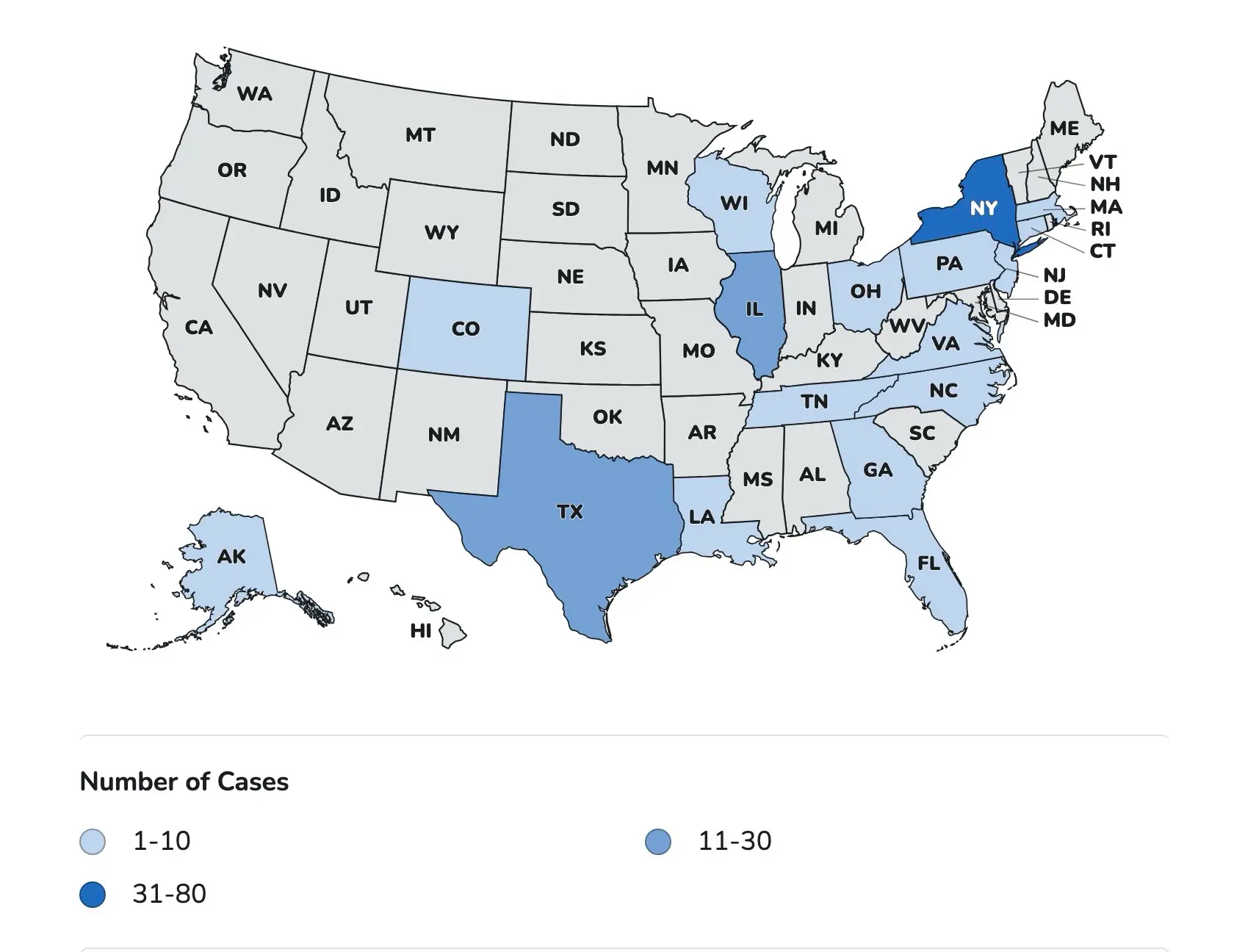 A map shows the full scale of the infection rates across each state (The Centers for Disease Control and Prevention)