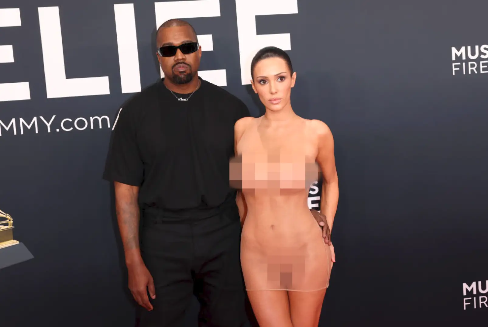 Kanye West and wife Bianca Censori turned heads at the Grammys on Sunday (Matt Winkelmeyer/Getty Images for The Recording Academy)