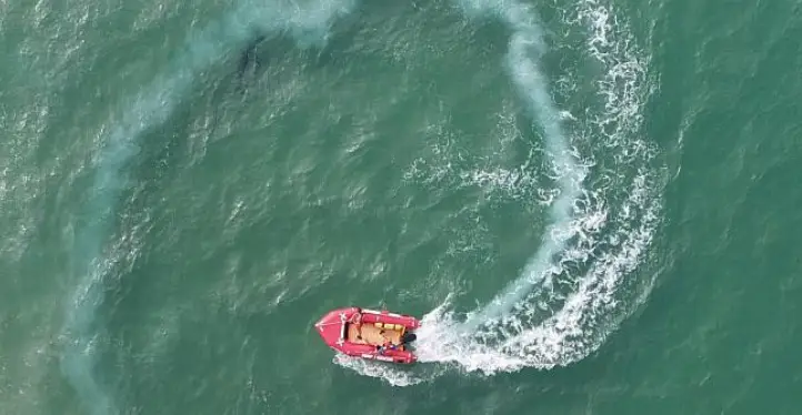 Just north of the boat you can see the dark outline of the shark(justreddis/Reddit)