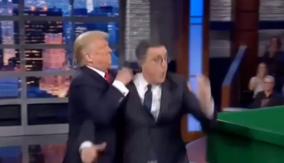 The video showed Trump throwing Colbert into a trash can (@‌realdonaldtrump/Truth Social)