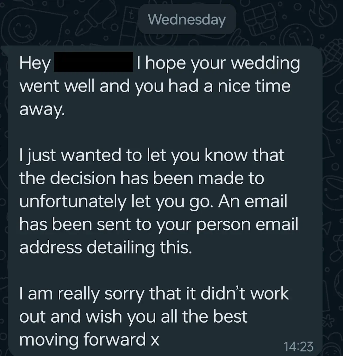 Amanda shared the text that she was sent by her boss regarding her termination. (YouTube/Ben Askins)