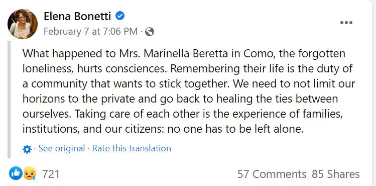 Elena Bonetti pays tribute to Marinella Beretta (Elena Bonetti/Facebook)
