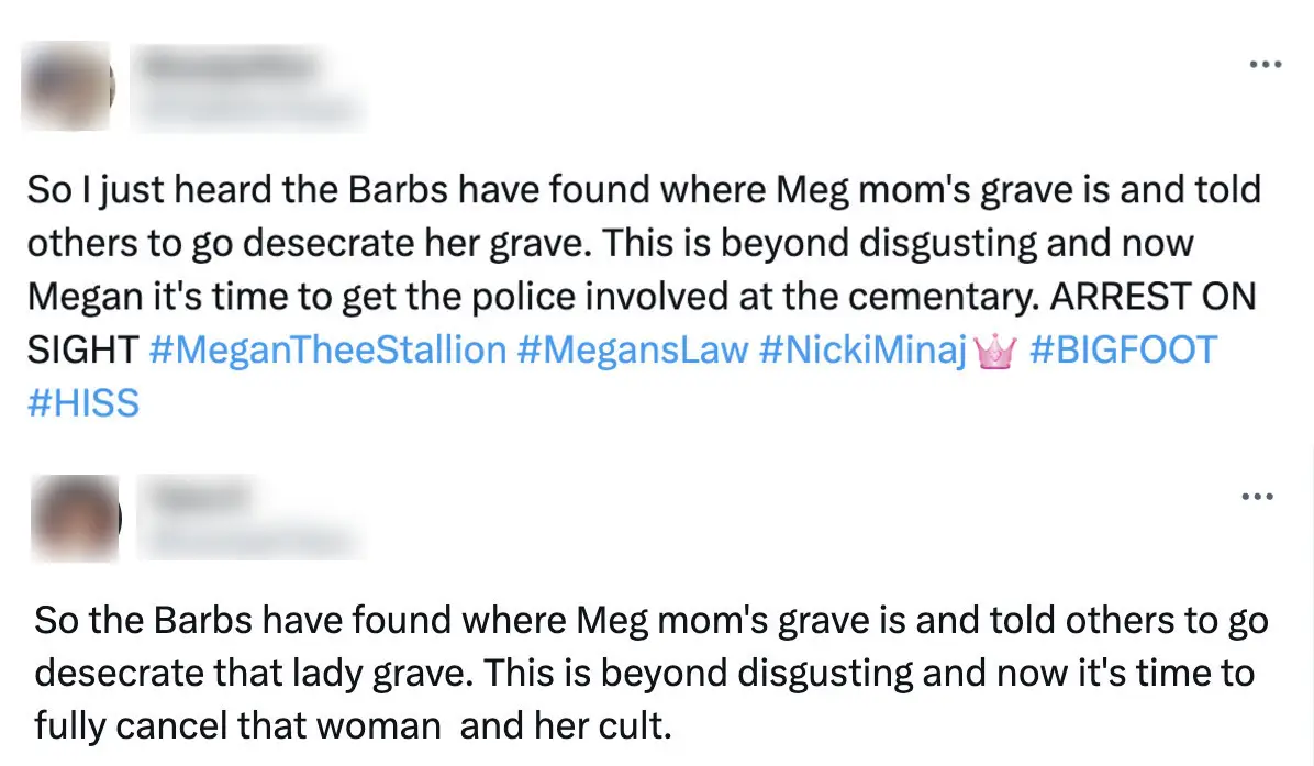People have hit out at Nicki's fans for allegedly sharing where Megan's mom is buried.